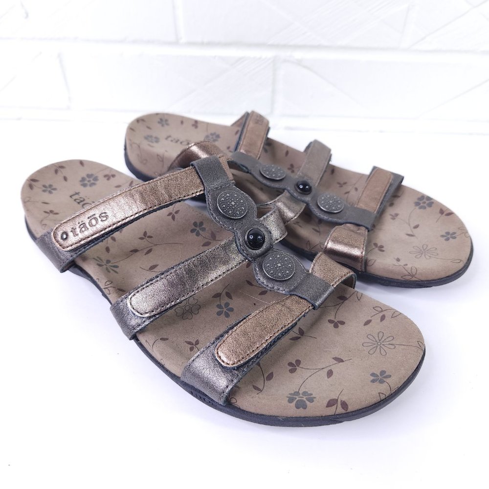 Taos Prize 4 Triple Strap Slide Sandals Bronze Pewter Adjustable Strap Comfort